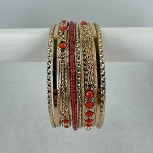 Gold-tone Coral Bangle Bracelet 8 pcs Set Textured Detailing Beaded Accents 2.5"